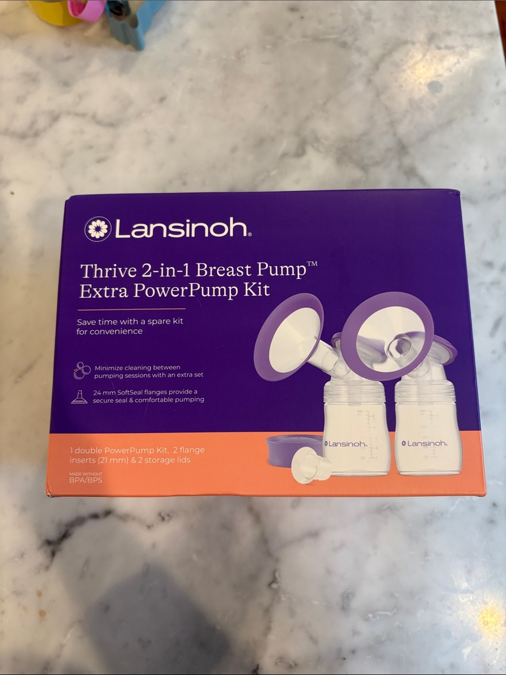 NWT Lansinoh Thrive 2-in-1 Breast Pump Extra PowerPump Kit - Purple & Orange